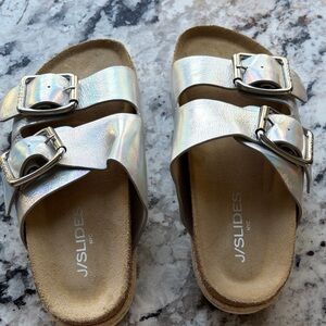 J/SLIDES Silver Double Buckle Sandals